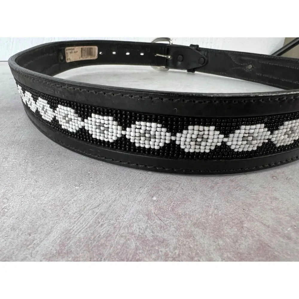 Black Leather Belt With‎ Beaded Southwestern Pattern & Silver Buckle Western